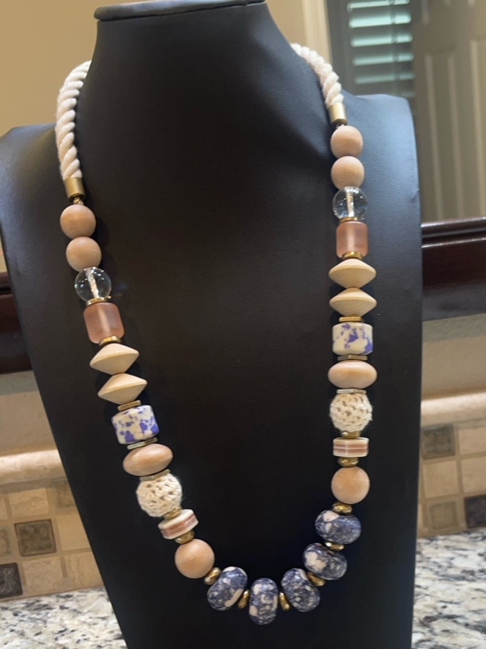 Stella & Dot Blue and Cream Mixed Bead Statement Necklace
